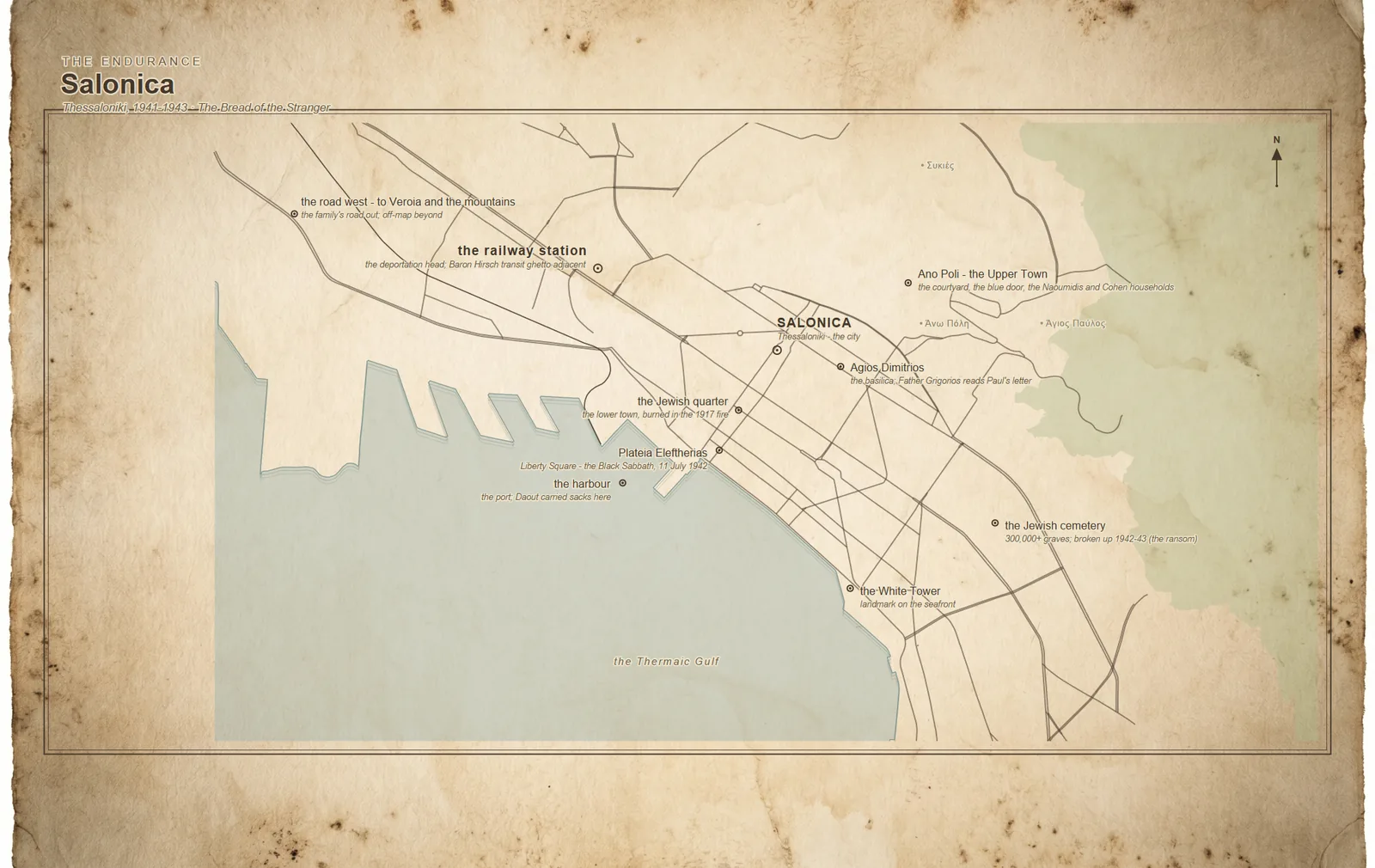 A hand-inked antique map of Salonica (Thessaloniki), 1941–1943, showing the upper town, the harbour, the great square, the railway station to the west and the Jewish cemetery to the east.
