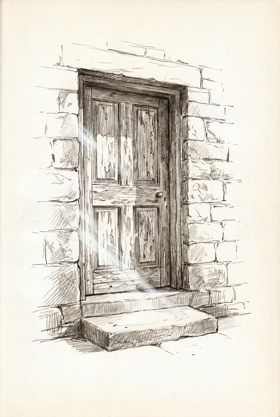 A pen-and-ink drawing of a weathered wooden door in a stone wall, with a worn stone step — the courtyard's blue door.