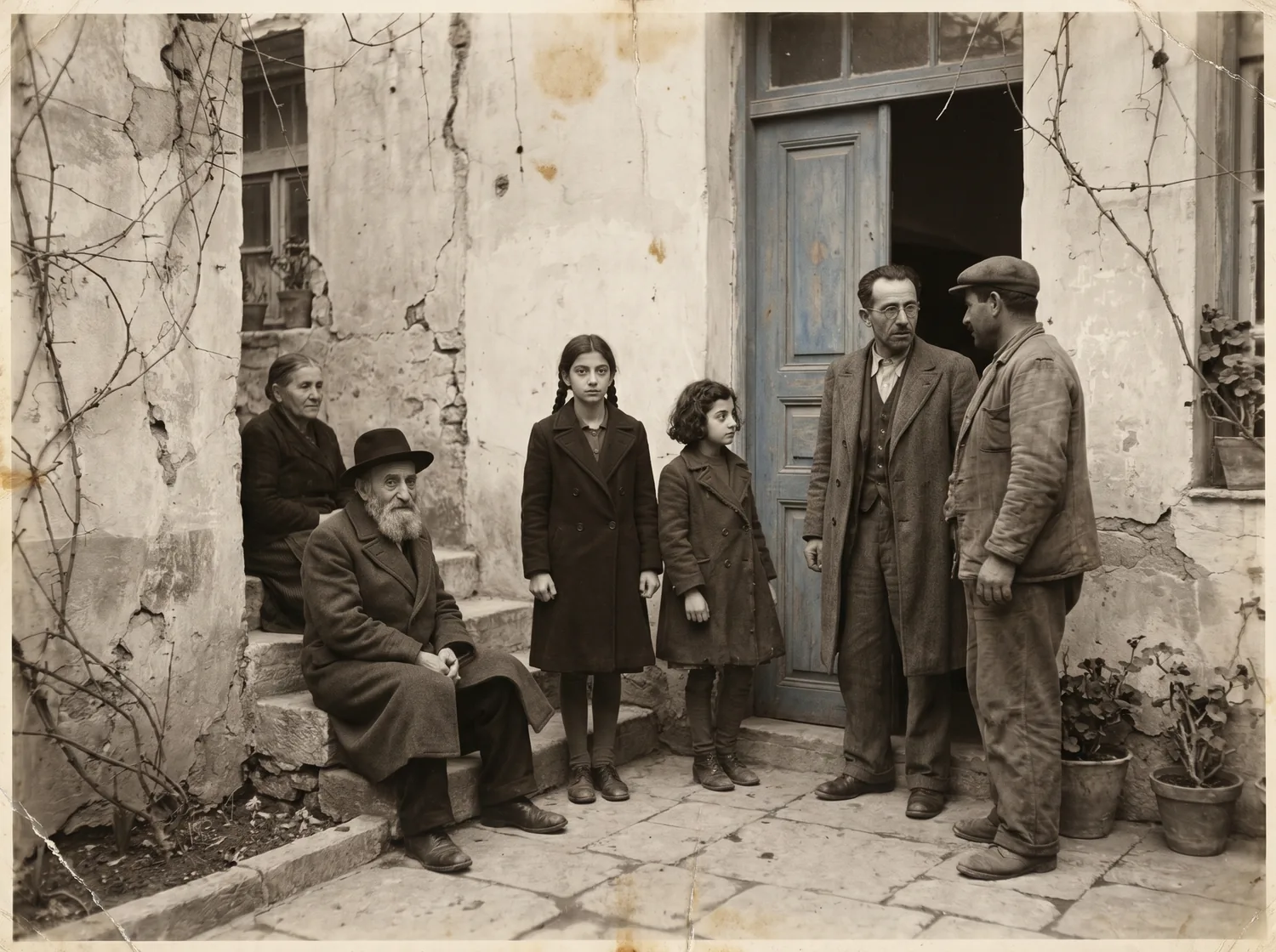 A period photograph of two families, Greek and Jewish, gathered on the stone steps of a shared courtyard before a blue door.
